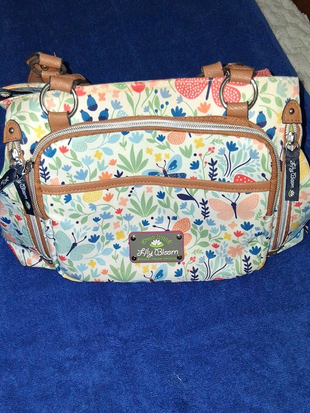 Lily Bloom Cream Floral Canvas Baby Bag with Tan Trim